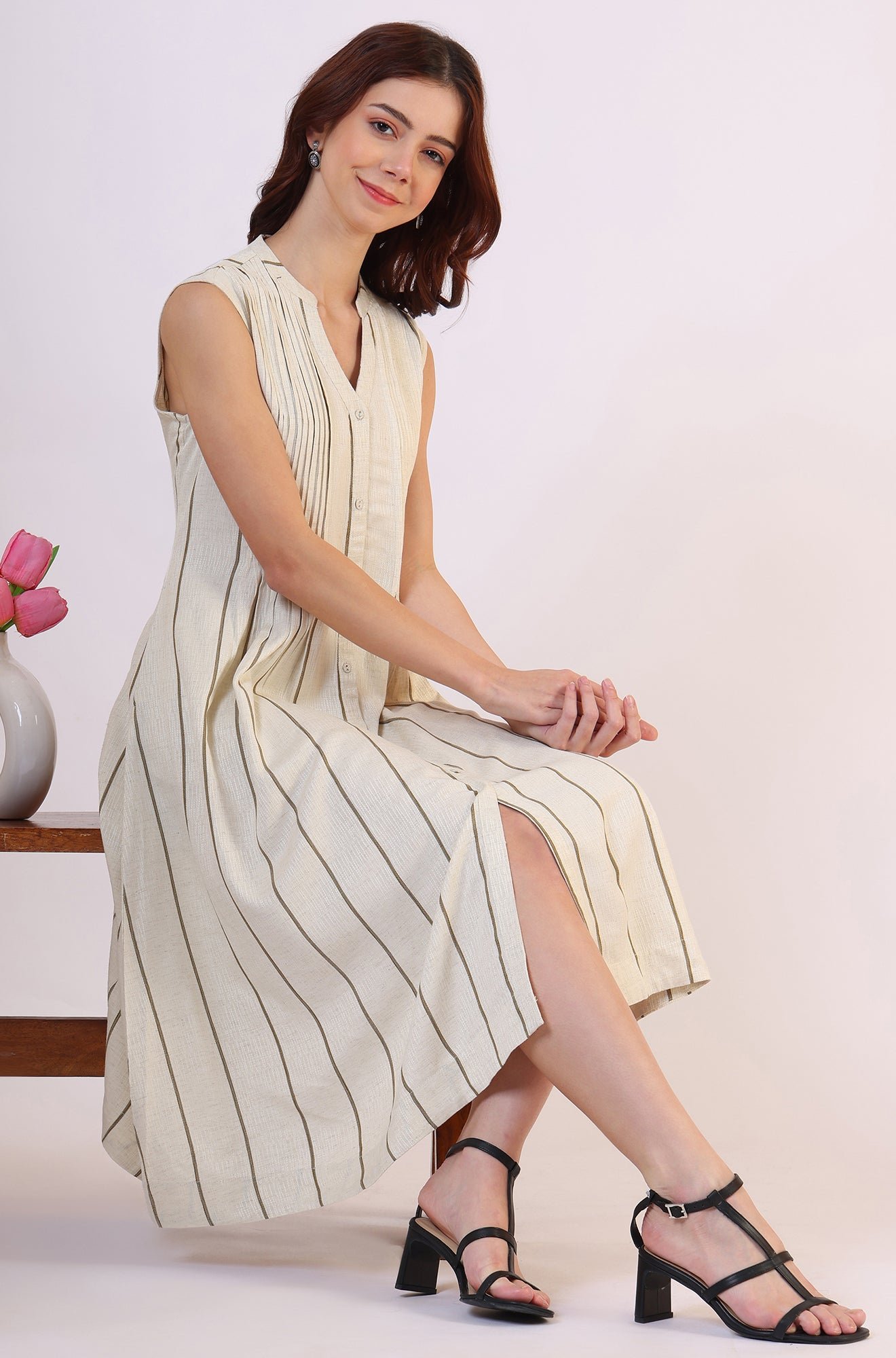 Off -White Striped Cotton Blend Flared Western Dress - Image 10