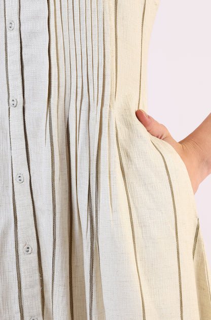 Off -White Striped Cotton Blend Flared Western Dress - Image 2