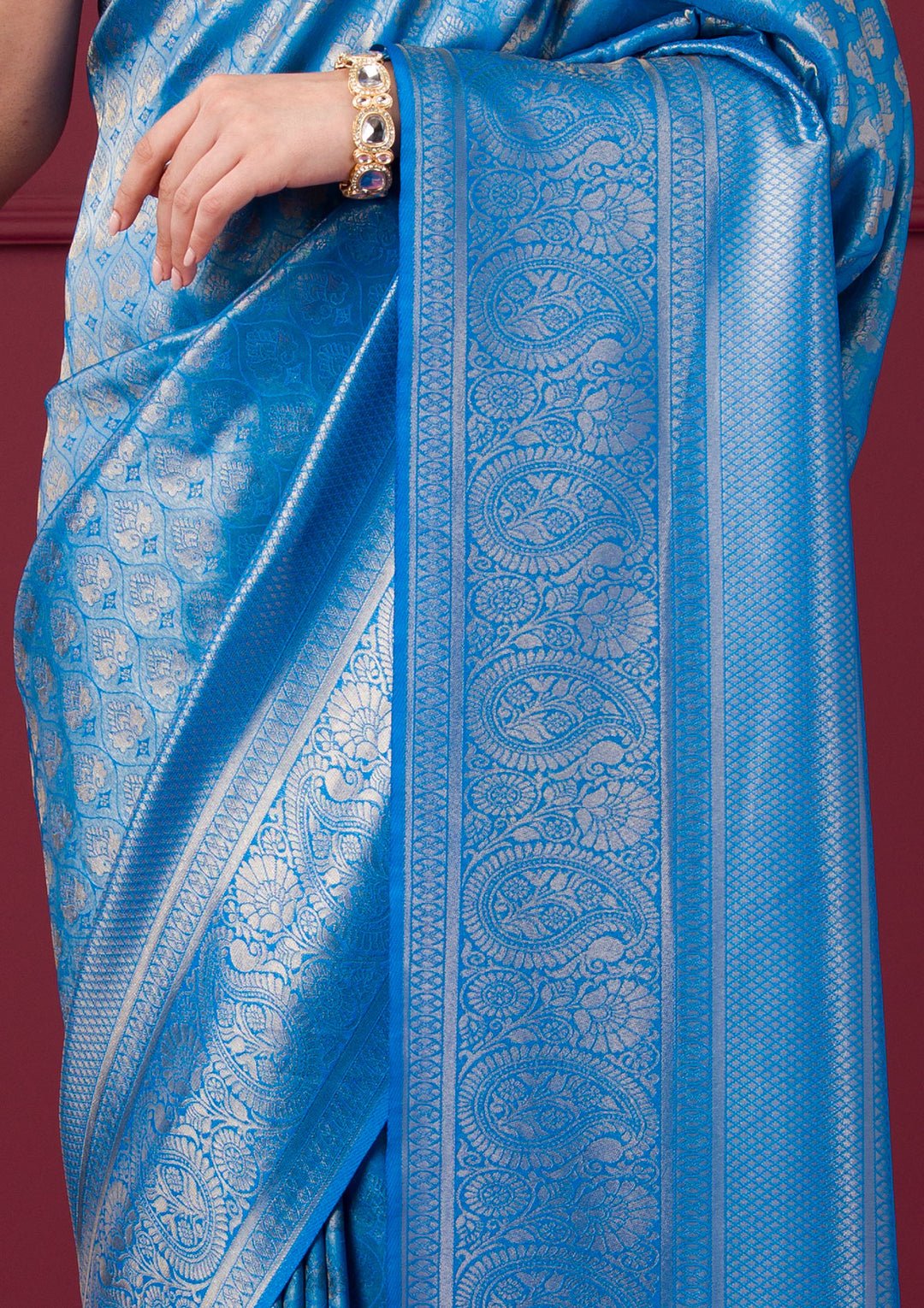 Turquoise Blue Zariwork Art Silk Saree - Image 3